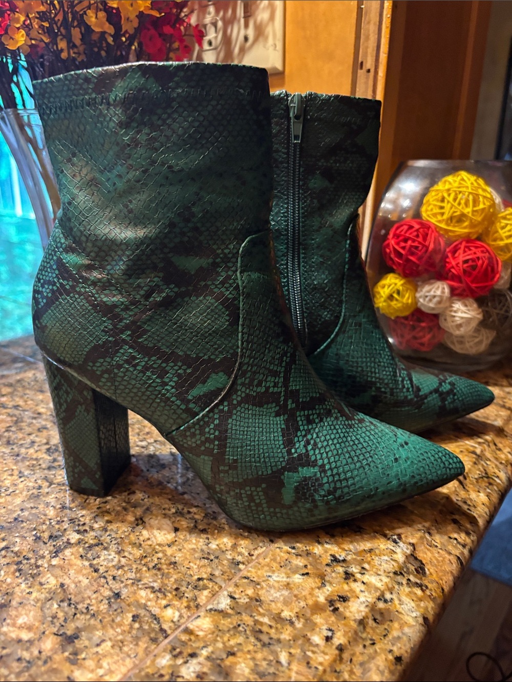 Pointed Green Snake-Print Ankle Block Heel Booties